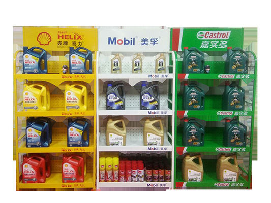 Gli accessori d'accantonamento su ordinazione dell'automobile del supermercato visualizzano per tormentare il bianco giallo verde